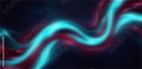 A vibrant abstract image featuring wavy lines of blue and red hues on a dark background