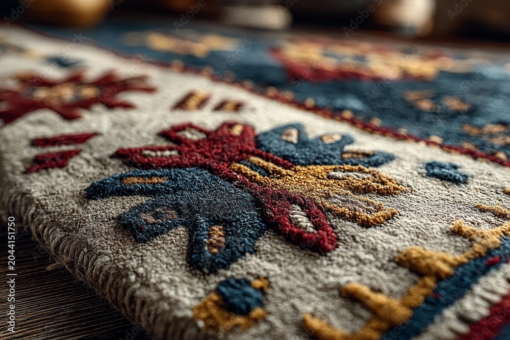 Fototapeta premium Close-up of a richly textured woven textile featuring intricate geometric patterns in deep blue, rust red, and gold tones.