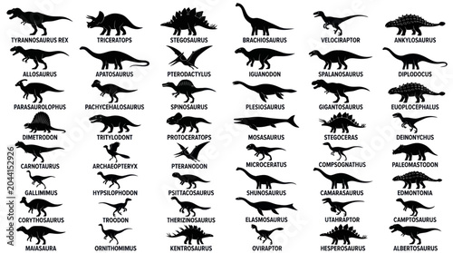 Fotografie Collection of Dinosaur Silhouettes with Names