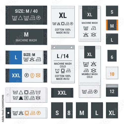 Tablou pe pânză Clothing Size Labels and Care Symbols - Textile Tags Collection