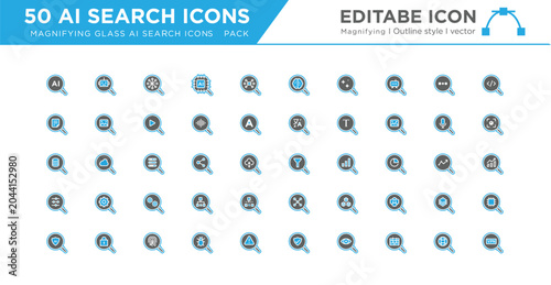 50 AI Search Icons Set – Magnifying Glass Artificial Intelligence Outline Vector Collection