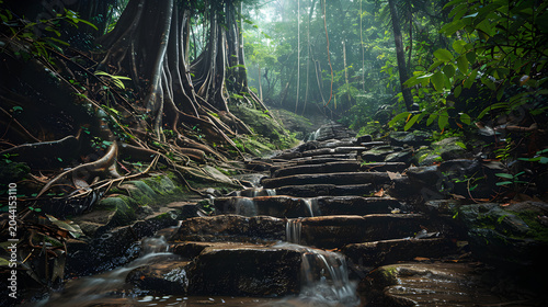 Ultra realistic landscape photography ancient stone staircase with flowing water in a lush, mystical tropical rainforest with large tree roots khoiyachhora, napittachhora waterfalls