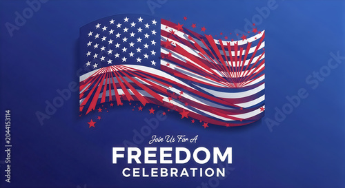 Abstract american flag background for independence day or fourth of july celebration, wavy patriotic banner with star elements and red and white stripes on blue background