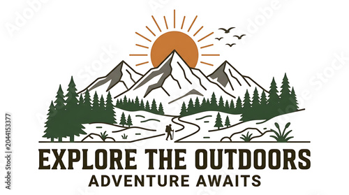 Hiker explores mountain landscape with trees sun and birds in outdoor adventure scene