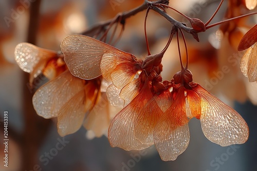 Delicate, translucent dried botanical elements with warm tones hang from a branch in soft focus.