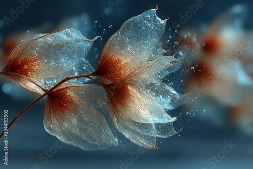 Ethereal, translucent reddish-brown organic shapes drift gently through water with sparkling droplets.