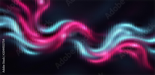 A vibrant abstract image featuring wavy pink and blue lines on a dark background