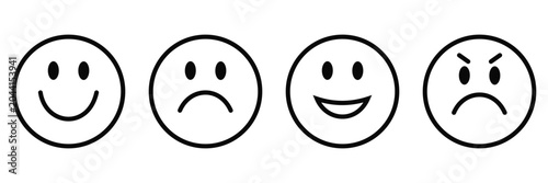 Hand Drawn Smiley Face Doodle Icon Set with Happy Sad Angry and Wink Emoji Expressions Vector
 Collection