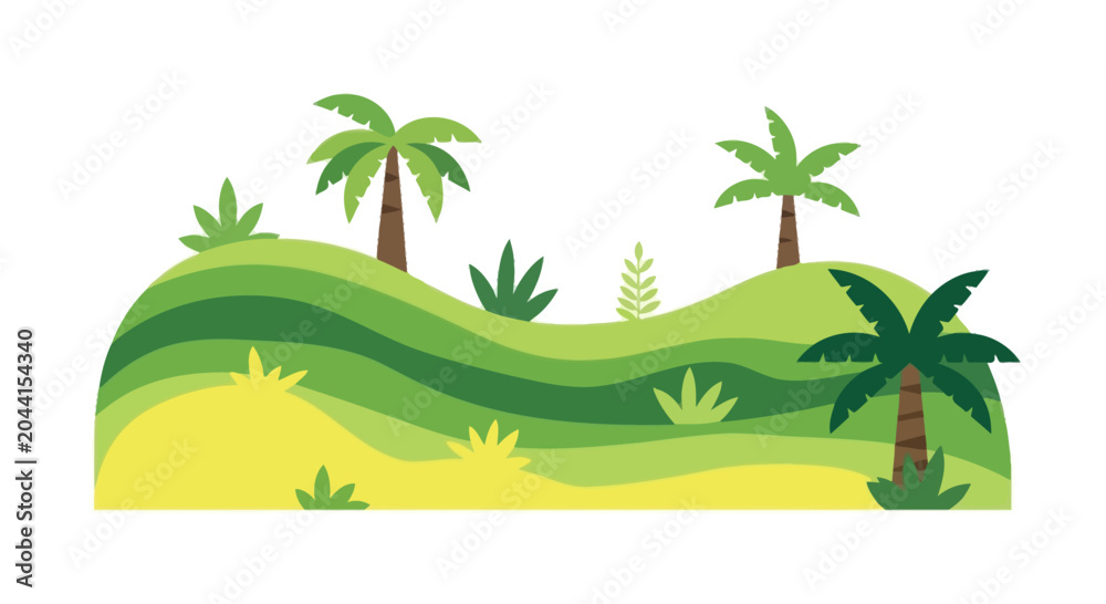 Obraz premium Stylized tropical landscape with rolling green hills, palm trees, and grassy foreground, flat design.