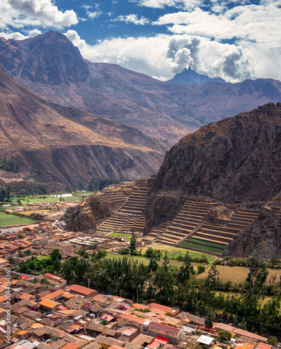 Panoramic view of the ancient Ollantaytambo Inca fortress and archaeological complex in Cusco, Peru