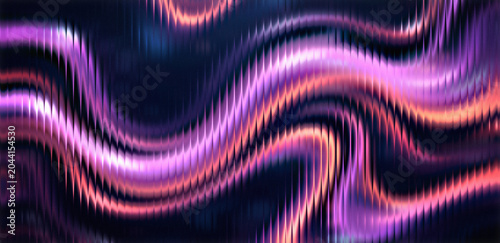 A vibrant abstract image featuring wavy lines of purple, pink, and orange hues on a dark background