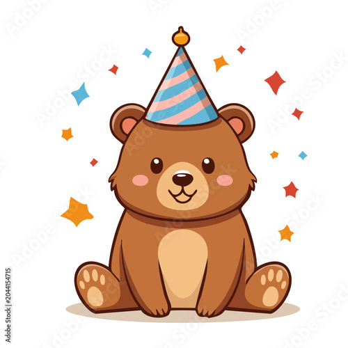 Cute Cartoon Bear Wearing a Party Hat with Confetti