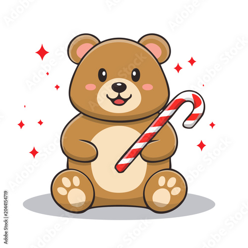 Cute cartoon bear holding a candy cane with sparkles