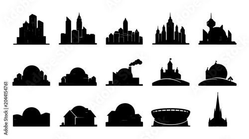 Bilde på lerret Diverse Cityscape Silhouettes, Modern Architecture Icons, Urban Skyline Collecti