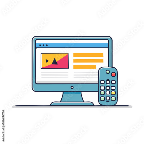 Flat design computer screen with remote control and web page