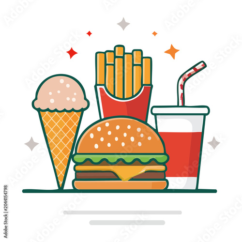 Flat design fast food meal with burger, fries, ice cream and drink