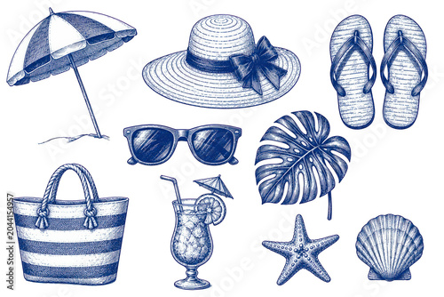 Beach Holiday Essentials Collection: A charming collection of illustrations depicts essential items for a perfect beach holiday, including a striped umbrella, a straw hat, flip-flops, sunglasses.