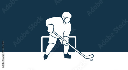 Photography Ice hockey player in action with stick and puck on rink, simple graphic element