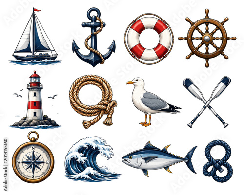 Nautical Collection: A vibrant compilation of maritime symbols, including a sailboat, anchor, life preserver, ship wheel, lighthouse, compass, wave, seagull, fish, and oars.