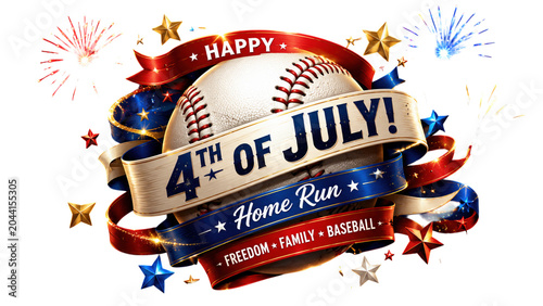 Happy 4th of July Home Run Celebration: A festive illustration captures the spirit of American Independence Day with a baseball, ribbons, stars, and fireworks.