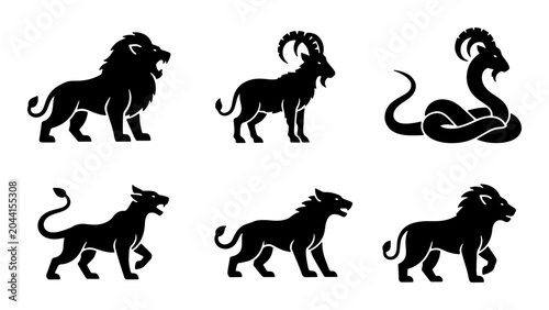 Foto Black Silhouette Zodiac Animals Vector Icons: Leo, Capricorn, Serpent, Panther,