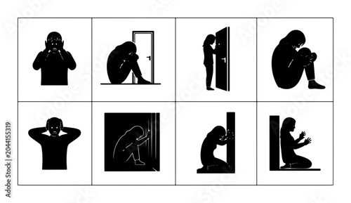 Tableau sur toile Vector Silhouettes of Isolated Figures Expressing Sadness, Loneliness, and Despa