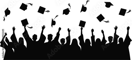Photos Graduation Crowd Celebrating with Tossed Caps Silhouette Vector Illustration