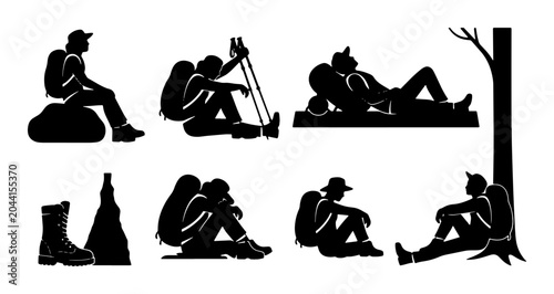 Bild auf Leinwand Backpacking Silhouettes: Hikers Resting, Sitting, and Relaxing in Nature, Outdoo