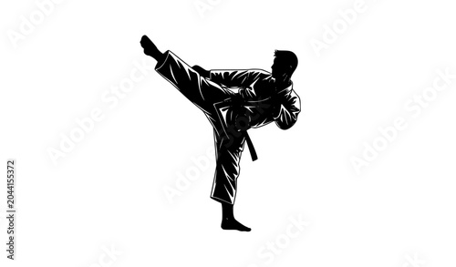 Billede på lærred Karate silhouette martial arts high kick flat vector illustration isolated on wh
