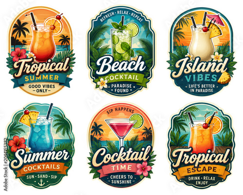 Tropical Cocktail Badges: A collection of vibrant badges featuring tropical cocktails, palm trees, and island scenery, perfect for summer and vacation themes.