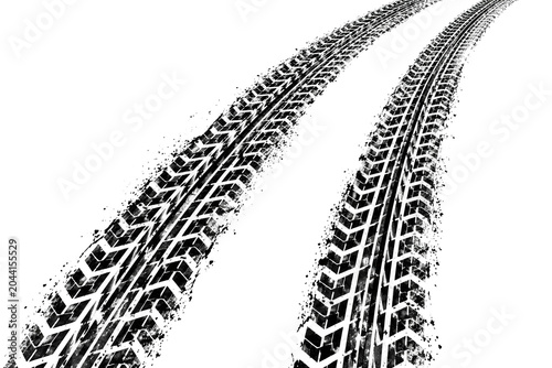 Tire Tracks on White: A close-up, high-angle view of two distinct tire tracks on a white background, showcasing the intricate tread patterns and subtle scattering of dirt or debris.