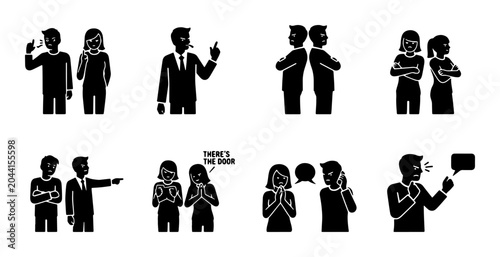 Schilderij op canvas Diverse Human Interaction Icons, Business Communication and Conflict Silhouettes