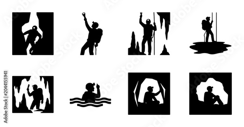 Konstfotografi Cave Exploration Icons, Speleology Vector Set, Adventure and Discovery Graphics,