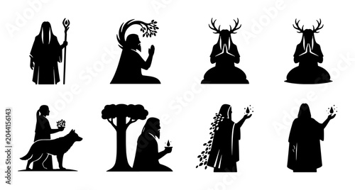 Картината върху платно Mystical Figures Silhouette Collection, Ancient Deities and Nature Spirits Vecto