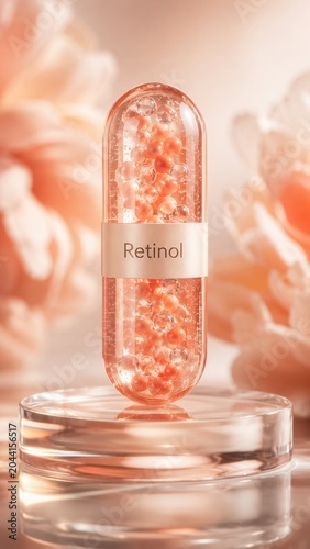 Soft lighting highlights a retinol capsule placed on a clear stand surrounded by pink flowers in a simple and clean setting