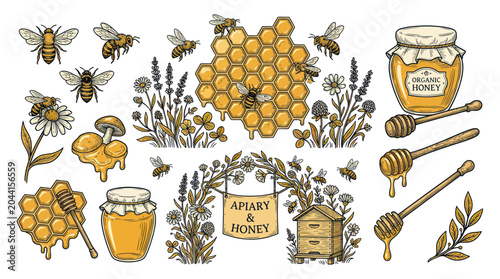 Apiary & Honey Collection: Bees, Honeycomb, Jars, Flowers, and Beehives