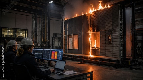 Obraz na płótnie Building fire test in a controlled environment with researchers monitoring flames and data