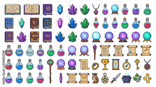 Fantasy Magic Items Pixel Art: Potions, Crystals, Books, Scrolls, Orbs, Keys