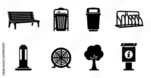 Canvastavla Urban Park Elements Vector Icons: Bench, Trash Can, Bike Rack, Lamp Post, Tree,