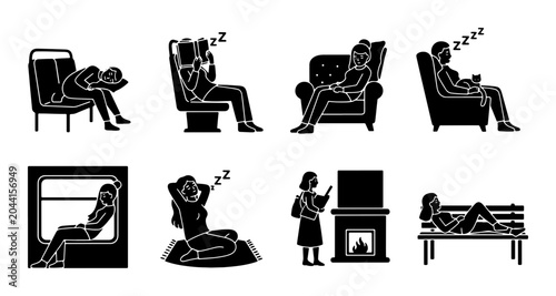 Картината върху платно Resting People Icons, Sleeping Figures Collection, Relaxing Silhouettes Set, Com