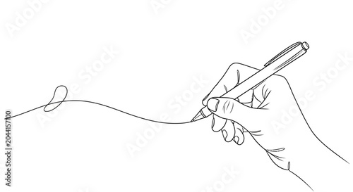 Bild auf Leinwand A detailed line art illustration of a human hand holding a pen and drawing a continuous line