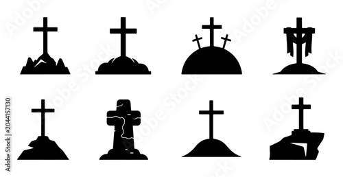 Konstfotografi Grave Cross Icons, Cemetery Tombstone Silhouettes, Memorial Stone Vector Set, Fu