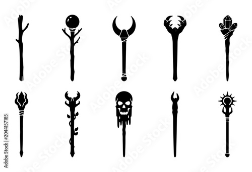 Fotografía Fantasy Magic Staff Icons, Mystical Sorcerer Wands, Wizardry Symbols, Enchanted