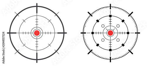 Reticle crosshair icons, targeting and accuracy symbols, aim focus sight graphics, precision red dot markers, clean flat vector illustration.