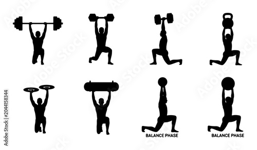 Bild auf Leinwand Weightlifting Silhouettes, Strength Training Icons, Fitness Exercise Set, Gym Wo