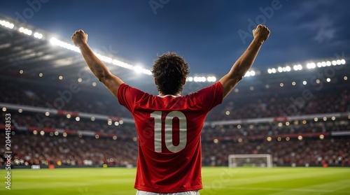 Player in red jersey, number ten, stands with arms wide. Stadium lights shine above as crowd cheers behind. Moment of triumph feels electric, raw, and powerful. Perfect for sports, victory