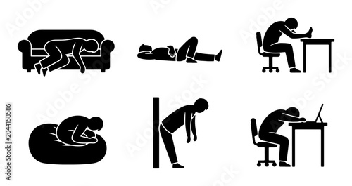 Photos Exhausted People Stick Figures Collection, Tiredness Icons, Burnout Symptoms, Sl