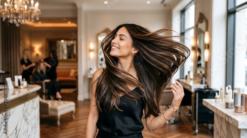 Woman with long black hair in a hair salon