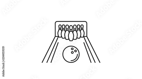 Schilderij op canvas A simple black and white line art illustration of a bowling alley with pins and a ball