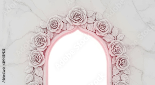 Ornate Archway Decorated with Delicate Pink Roses and Leaves.
